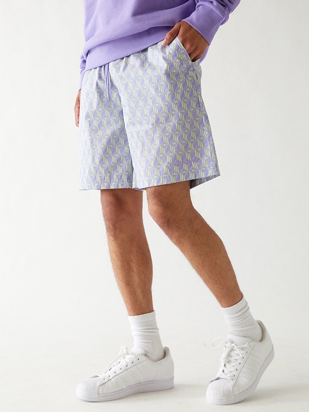 adidas Lavender & Light Lime Geo Icon Print drawstring athletic shorts size M - Picture 11 of 13